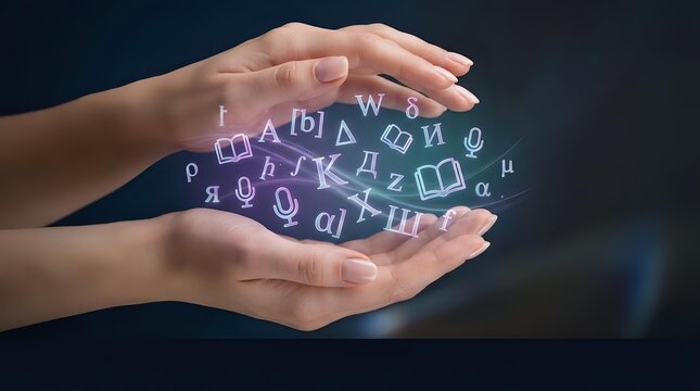 Hand holding glowing multilingual alphabet letters and symbols floating between palms against dark background, representing language learning, translation, communication, and education.