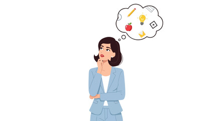 A professional woman in a light blue suit stands thoughtfully, with a cloud above her head containing icons of various ideas and tasks. © Violet