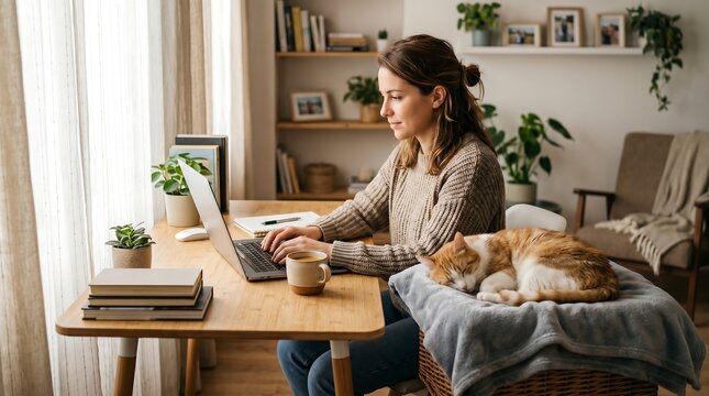 Freelancer Working from Home with Cat Nearby