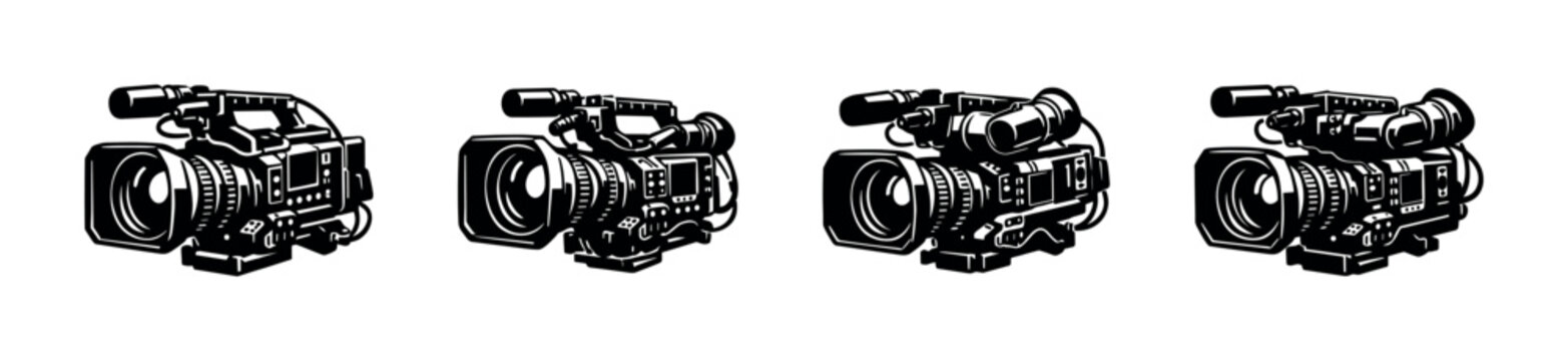 Collection of professional video cameras in a graphic illustration style