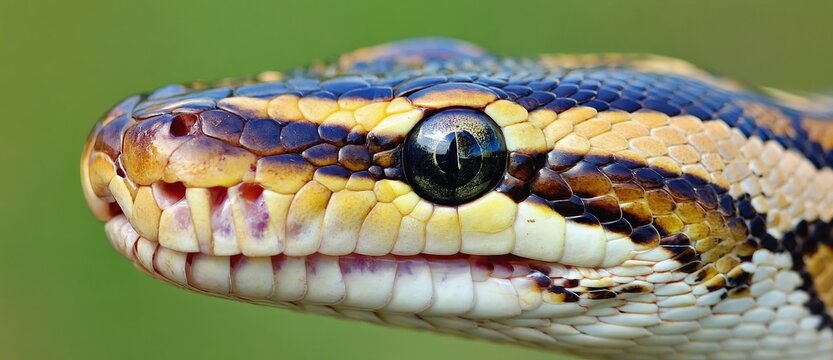 Carpet python snake head extreme close up. Dangerous wild reptile from Australia with detailed scaly skin pattern and eye. Nature wildlife photography of predator in habitat.