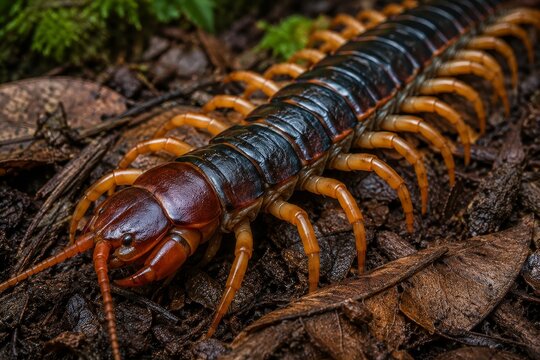 Giant centipede crawling on forest floor. Dangerous venomous invertebrate from Australia. Macro close-up of predatory arthropod with many legs in nature. Wildlife and wilderness concept.