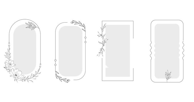 Set of elegant botanical frames. Ornate geometric borders decorated with blooming flowers, plants and leaves. Classic design elements with copy space. Line art hand animated cartoon