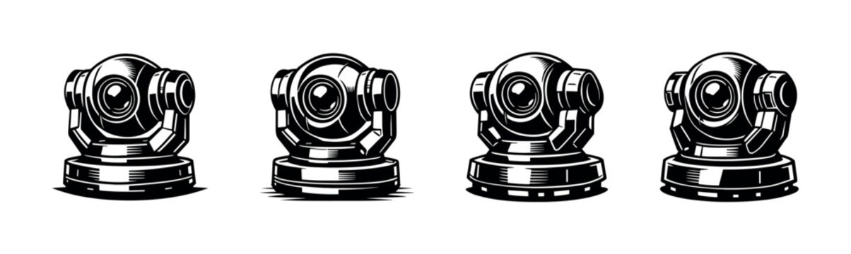 Collection of four identical security cameras with a retro, stylized design