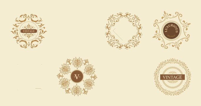 Set of luxury ornate logos. Vintage Labels and badges with retro ribbons, elegant calligraphic swirls and flourishes vignettes. Motion graphics for social media. Line art hand animated cartoon