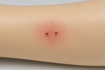 Fototapeta premium Snake bite mark on woman skin. Close up of two puncture wounds from venomous fangs. Dangerous injury from Australia wildlife. Medical emergency, toxin reaction and health hazard.