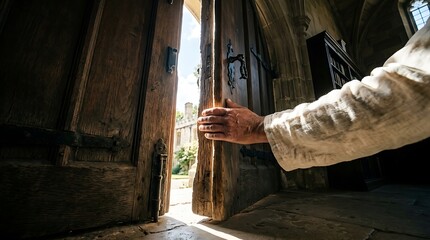 Fototapeta premium Hand opening ancient wooden door revealing sunlit courtyard and stone architecture in a historic building back to school time.