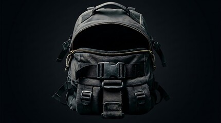 Fototapeta premium Modern black tactical backpack with open zipper and buckles against a dark background, ready for adventure or school back to school time.