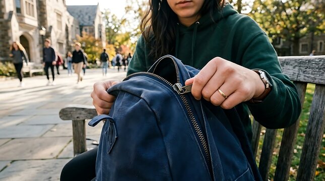 Student zipping backpack on university campus with blurred students walking in background during autumn season back to school time.