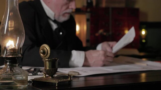 Focus on oil lamp of 1800s man reviewing some paperwork