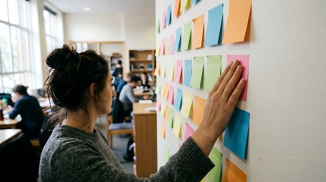 Young woman with messy bun in a grey sweater places a pink sticky note on a wall covered with colorful notes in a library or study space back to school time.
