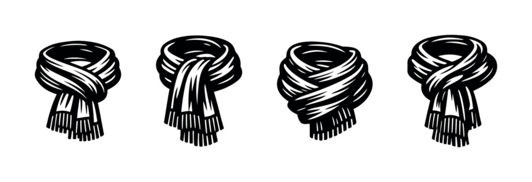 Collection of four black and white scarf icons with fringe details