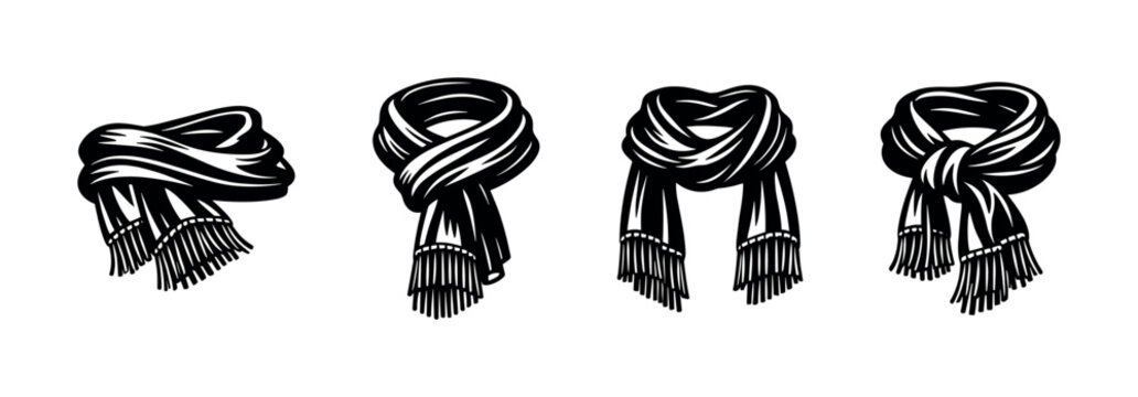 Collection of four black and white illustrations of scarves with fringe details