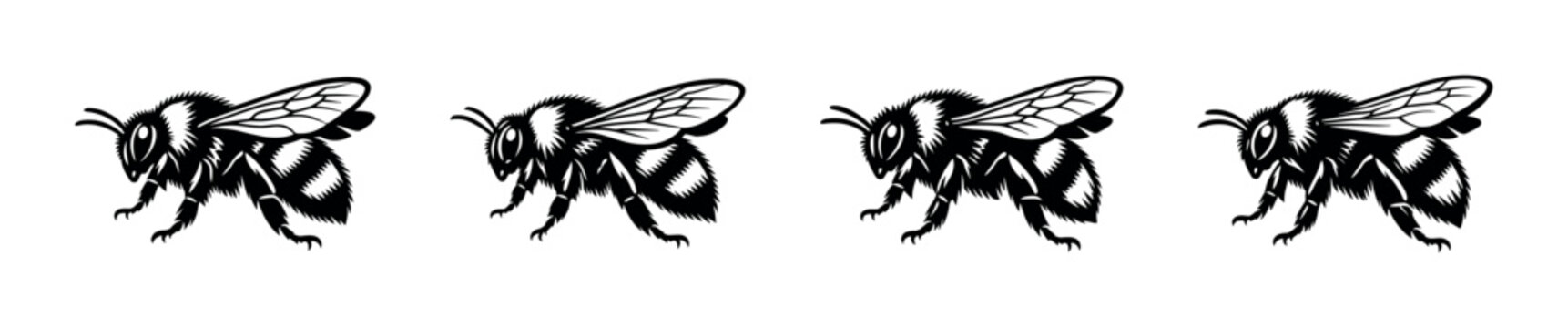 Four stylized black and white illustrations of bees in a row on a white background