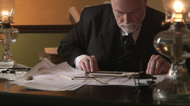 A shipwright using wooden measuring tools to study a drawing
