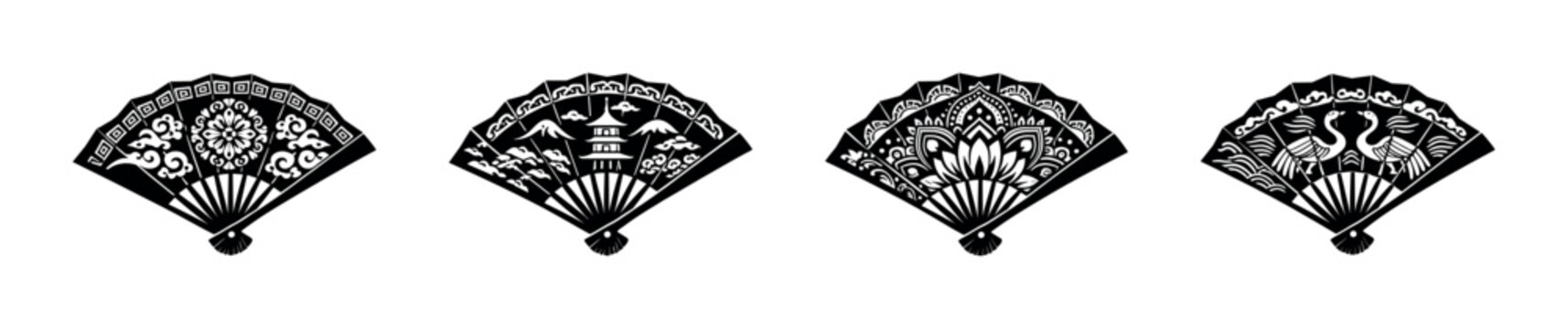 Collection of four traditional Japanese folding fans with intricate black and white designs