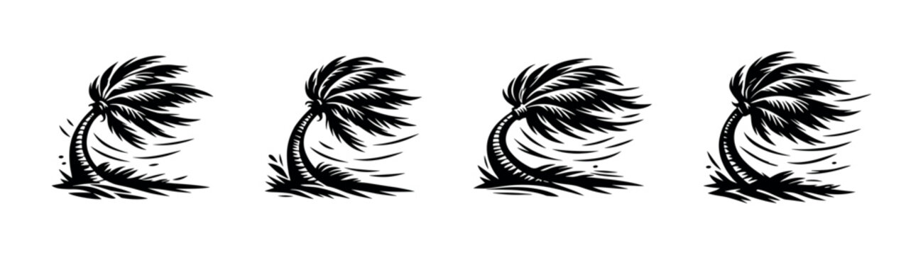 Stylized palm trees bending under strong winds, graphic illustration