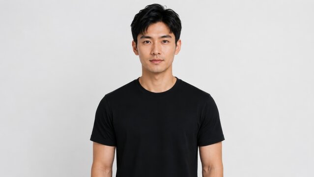 Young man standing neutral pose in white studio with plain backdrop