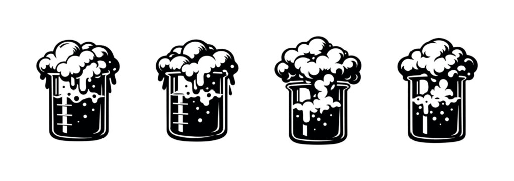 Four beakers overflowing with bubbly foam in a scientific experiment illustration