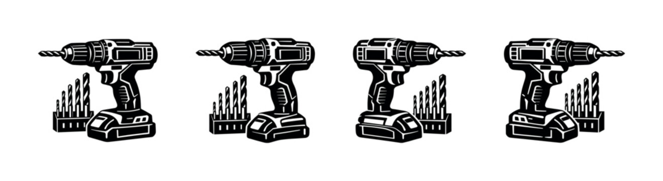 Set of cordless drills and drill bits, isolated on a white background, graphic illustration