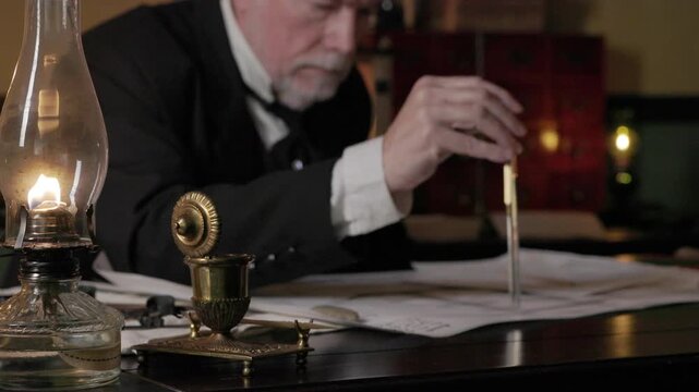 1800s Shipwright using a caliper focus on oil lamp