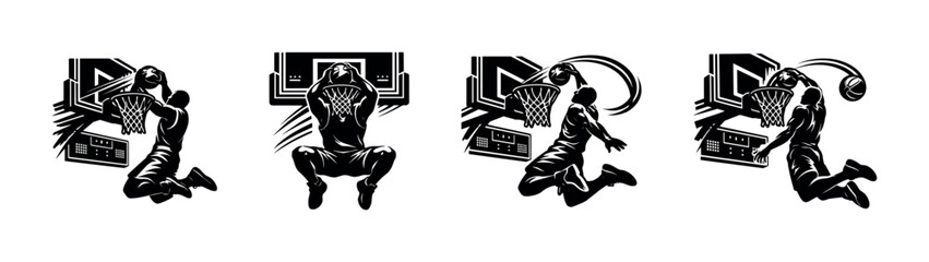 Dynamic basketball player performing a powerful slam dunk over the hoop © Compositor 