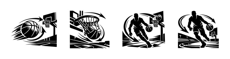 Dynamic basketball illustrations showing action, scoring, and dribbling on court © Compositor 