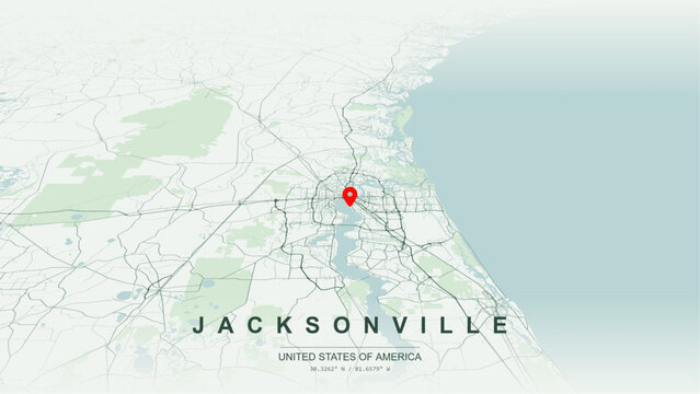 Minimalist vector map of Jacksonville, Florida, USA. High-quality scalable illustration of Jacksonville city grid, St. Johns River waterfront and bridges layout, Jacksonville Beach for posters design.