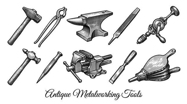 Collection of antique metalworking and blacksmith tools in vintage engraving style with anvil, hammer, vise, bellows and hand drill