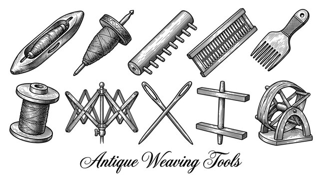 Set of antique weaving and spinning tools vector illustration. Vintage engraved collection of traditional loom equipment including shuttle, spindle, bobbin, needles, and yarn reel.