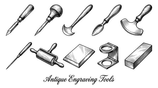 Hand-drawn vintage engraving tools set with burins, rollers, and magnifying glasses in detailed woodcut style. Vector illustration of professional antique printmaking equipment.