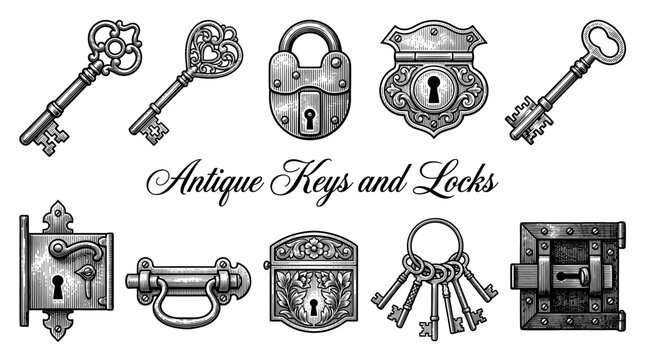 Collection of Antique Keys and Locks in Vintage Engraving Style, Retro Door Hardware, Skeleton Keys and Padlock Vector Illustration