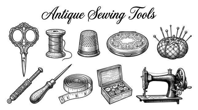 Antique Sewing Tools Collection, Vintage Engraving Style Vector Illustration featuring Sewing Machine, Ornate Scissors, Thimble, Spool of Thread, Pincushion, Tape Measure, and Button Box