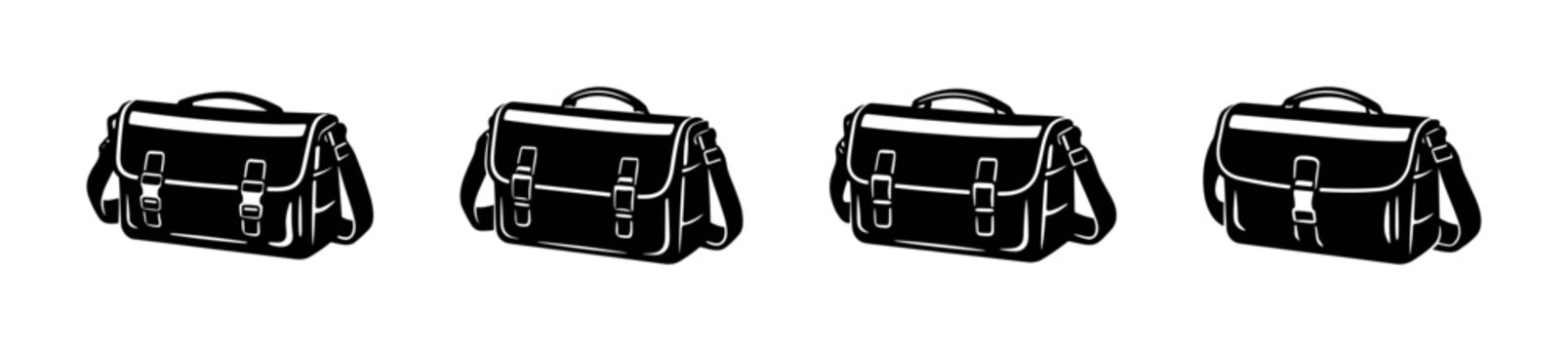 Row of black satchel bags with buckles and shoulder straps on a white background