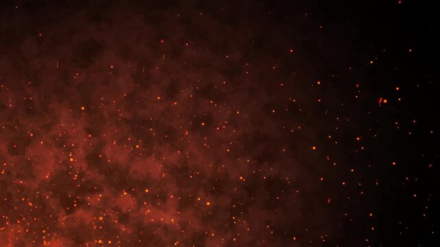 Realistic fire flames with ash particles. Footage of flying sparks, smoke and embers from burning fire. Alpha channel for overlay effect. Hand animated motion graphics