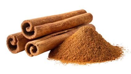 Isolated cinnamon sticks and aromatic powder spice ingredient for baking and cooking