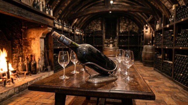 Luxury Vintage Red Wine Bottle in Silver Cradle on Rustic Wooden Table in Cozy Underground Cellar with Fireplace and Aging Barrels, Elegant Wine Tasting and Heritage Concept