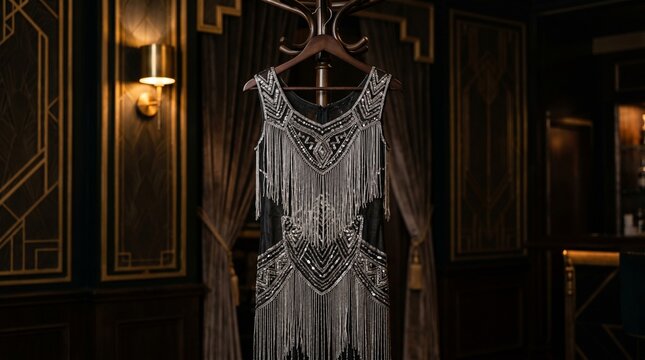 Elegant Vintage 1920s Flapper Dress with Silver Fringe Hanging in Luxury Art Deco Interior, Moody Warm Lighting, Glamorous Great Gatsby Style Retro Fashion Costume Concept