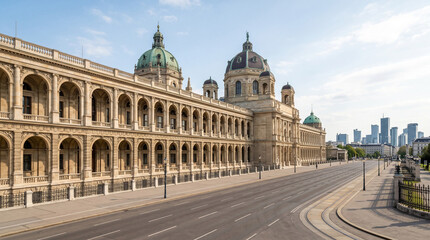 Fototapeta premium Grand neoclassical building facade with green domes and large square in foreground.