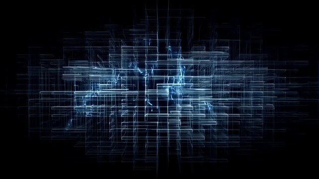Digital light patterns evolving into futuristic geometric structures with motion