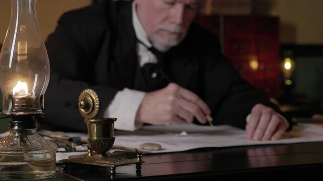 1800s man using a graphite pencil with focus on oil lamp