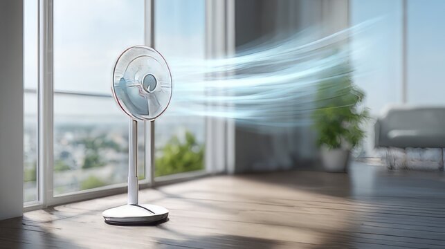 Modern, white standing fan blowing a breeze of air across a sunlit room