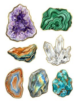 Collection of raw and polished healing crystals and gemstones including amethyst malachite quartz agate and amazonite isolated on white background for wellness and design.