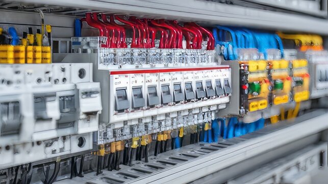 Electrical panel features a meticulous arrangement circuit breakers. Color coded wiring red, blue, and yellow distributes power to multiple individual miniature circuit breakers (MCBs). high and low. 