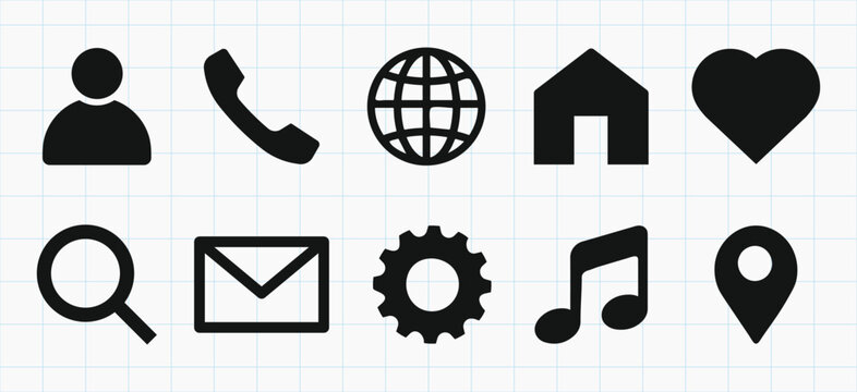 Vector icons: user, phone, globe, home, heart, search, mail, gear, music, location.