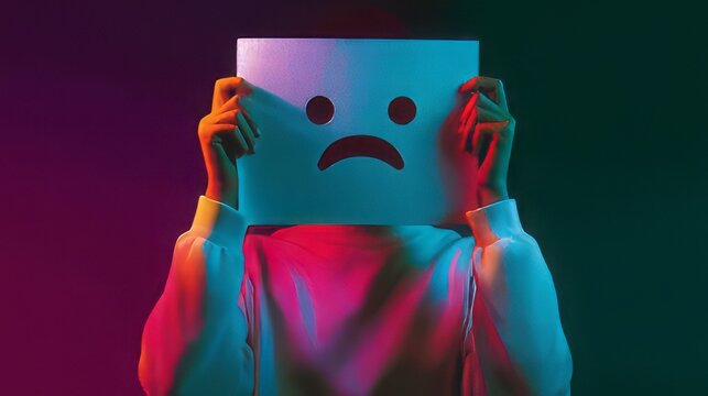 Person holding a white paper with a hand-drawn simile sad face in front of their head.  person holding up a piece of paper with a sad emoji face drawn on it, illuminated by contrasting blue magenta