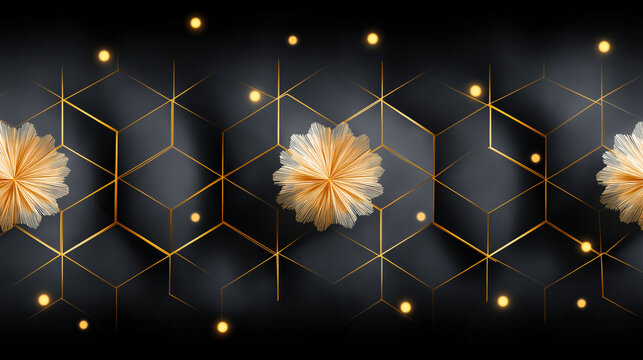 Black geometric pattern with gold flowers and sparkling dots, luxurious dynamic background