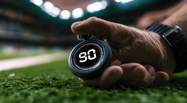 A man's hand grips a stopwatch showing 90 minutes, on the soccer field. The referee tracks the time during the match. It's a competitive professional sports event, leading up to the championship final