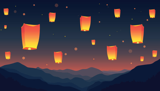 Bloom Warm Sunrise Hot Air Balloon Sky Flat Illustration