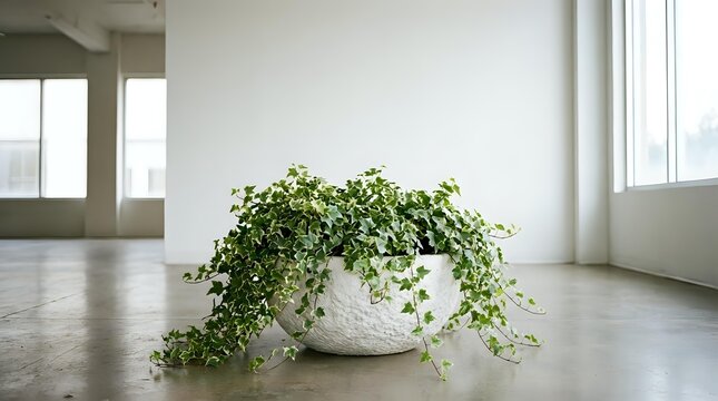 Lush trailing plant in white ceramic pot on concrete floor with bright windows and minimalist interior space for home decor.